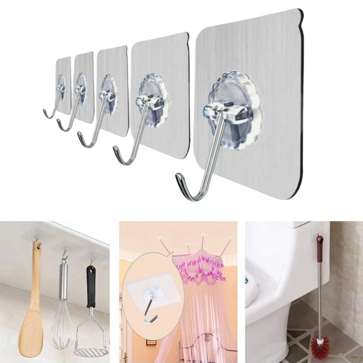 10'lu Şeffaf Kendinden Yapışkanlı Güçlü Askı Kancası, Banyo Mutfak Organizer, İz Bırakmaz Pratik Askı