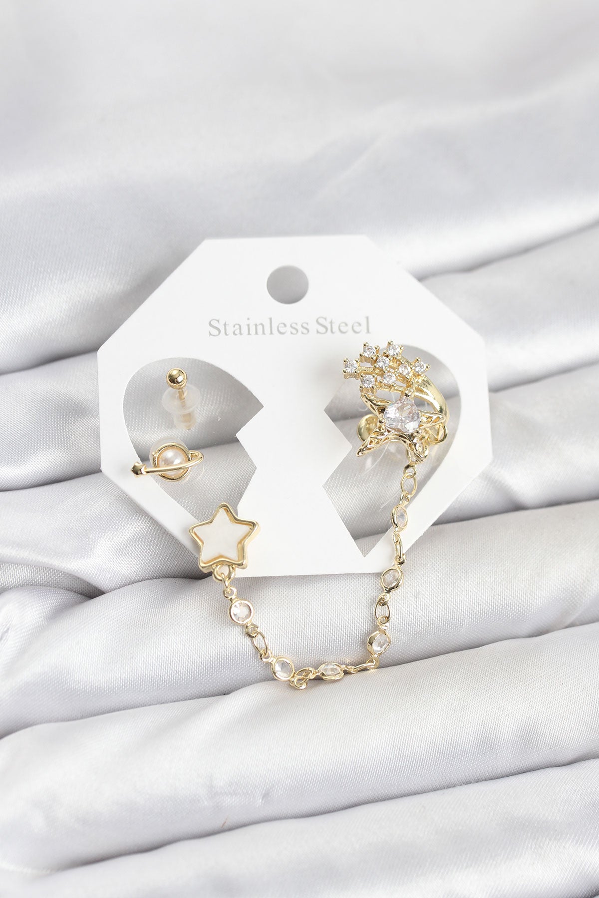 Pirinç Gold Renk Yıldız Model Zincir Bağlantılı Ear Cuff Küpe Seti