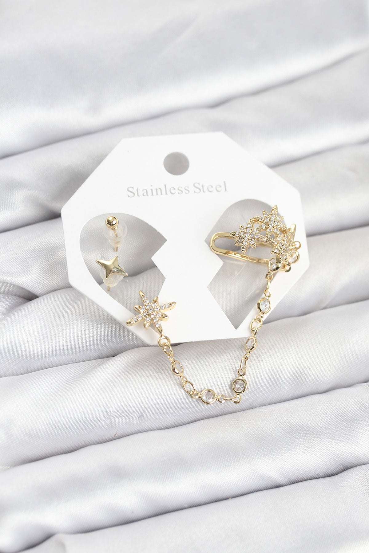 Kutup Yıldızı Model Pirinç Gold Renk Zincir Bağlantılı Ear Cuff Küpe Seti