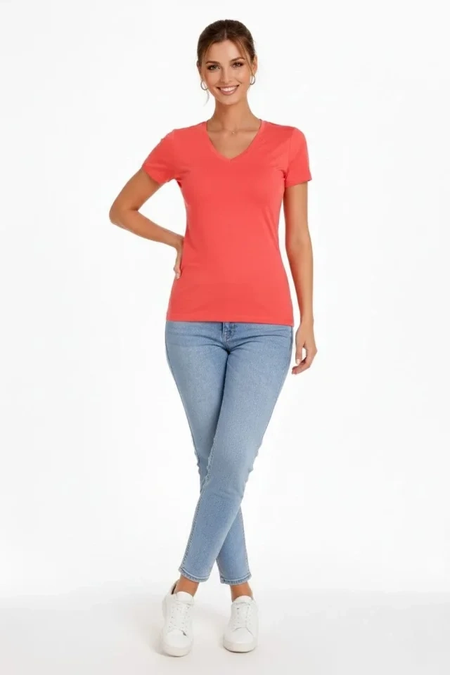 2li V Yaka Tişört – Kısa Kollu Yazlık Slim Fit Body - Nar Çiçeği - Açık Mavi