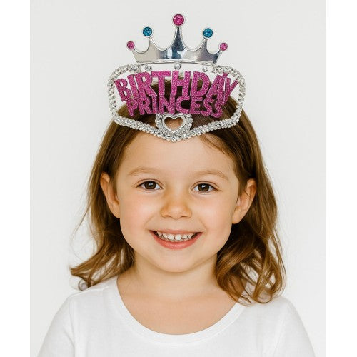 Gümüş Renk Pembe Birthday Princess Yazılı Çocuk Parti Tacı 11x12 cm