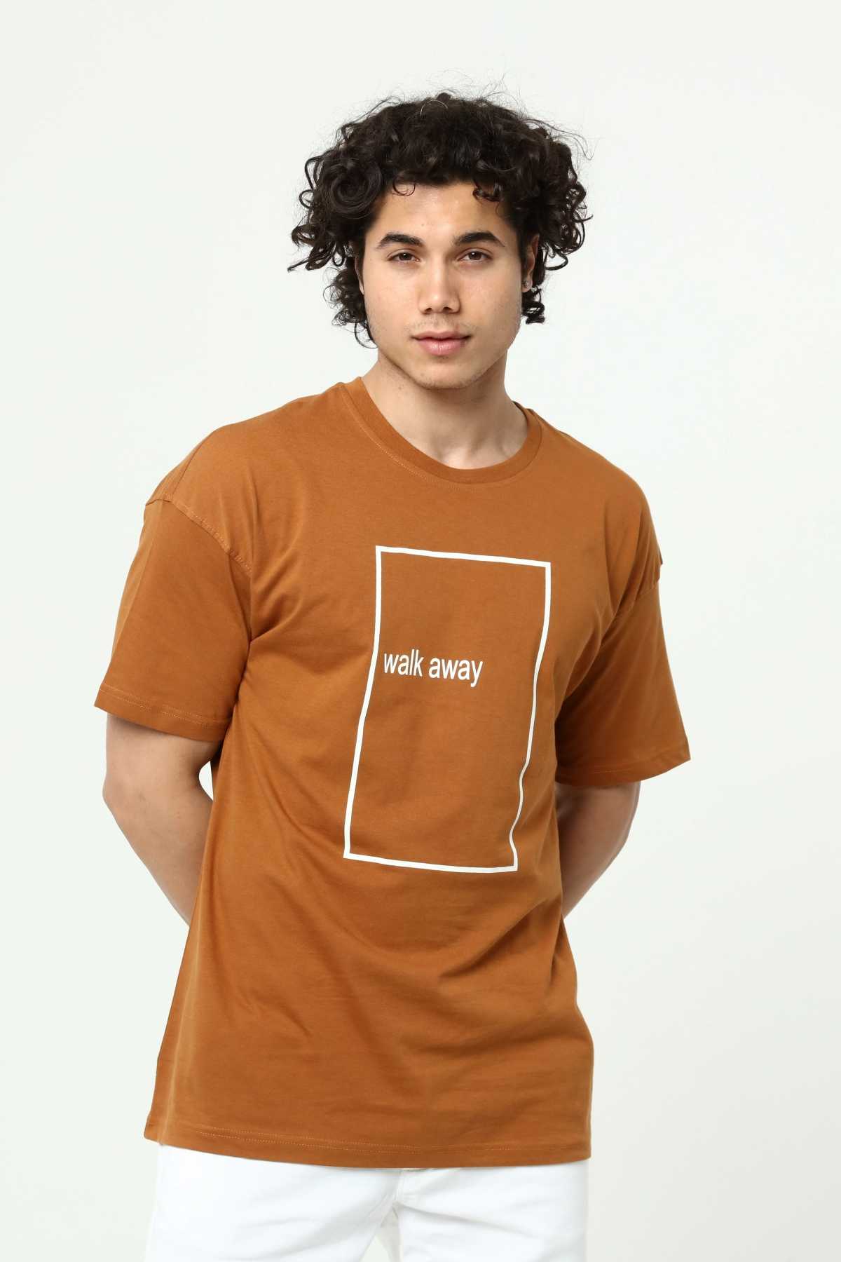 Walk Away Kahve Erkek Bisiklet Yaka Oversize T-Shirt Çift Taraf Baskılı