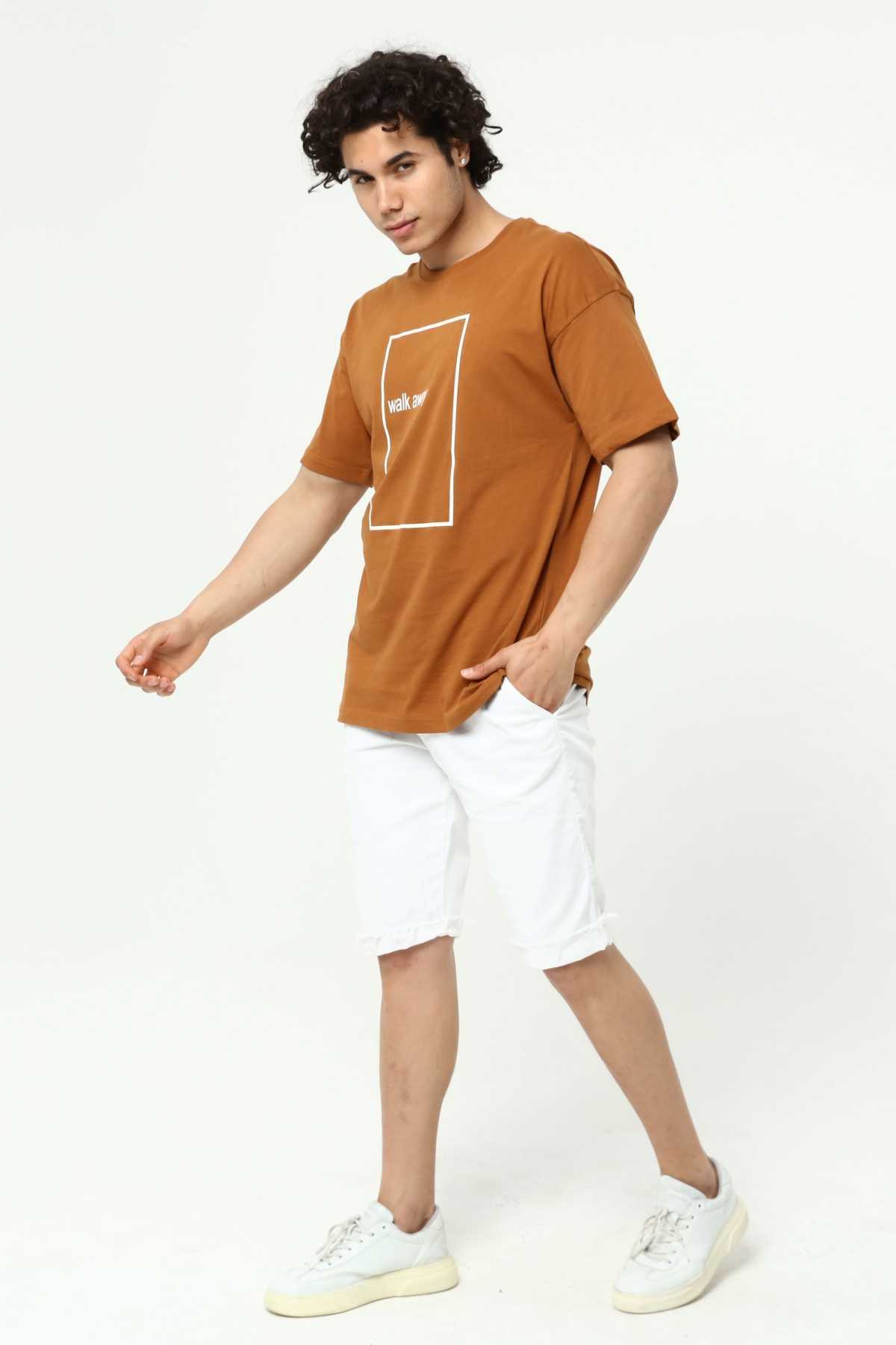 Walk Away Kahve Erkek Bisiklet Yaka Oversize T-Shirt Çift Taraf Baskılı