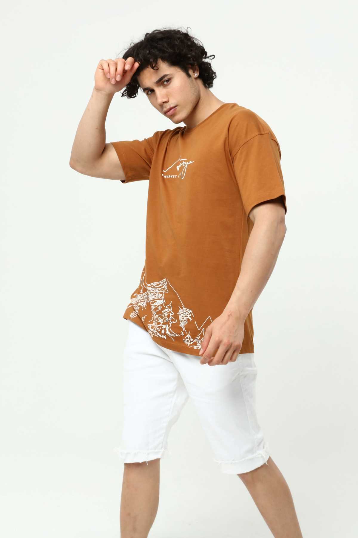 Astanya Baskılı Kahve Erkek Bisiklet Yaka Oversize Kısa Kollu T-Shirt