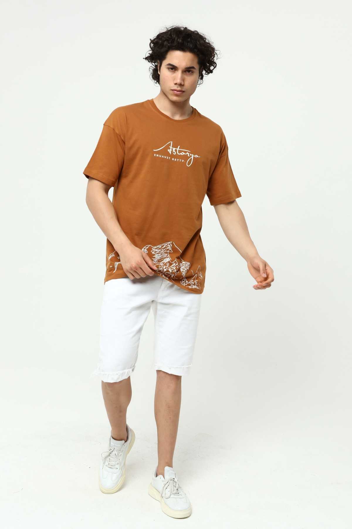 Astanya Baskılı Kahve Erkek Bisiklet Yaka Oversize Kısa Kollu T-Shirt
