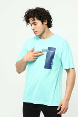 Brooklyn Su Yeşili Erkek Bisiklet Yaka Oversize Kısa Kollu Baskılı T-Shirt