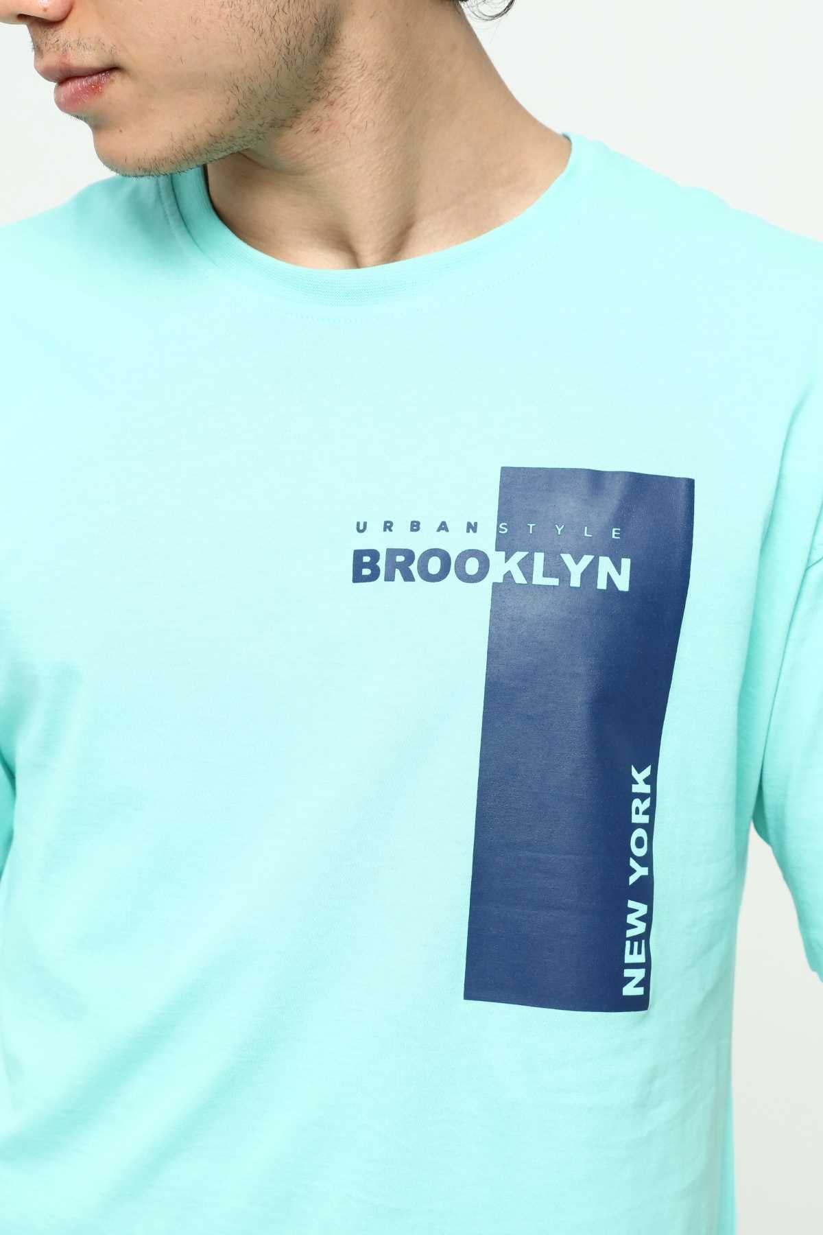 Brooklyn Su Yeşili Erkek Bisiklet Yaka Oversize Kısa Kollu Baskılı T-Shirt