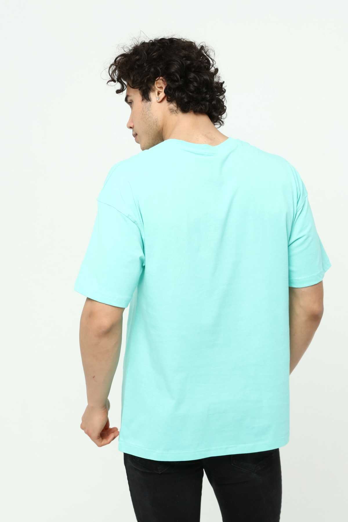 Brooklyn Su Yeşili Erkek Bisiklet Yaka Oversize Kısa Kollu Baskılı T-Shirt