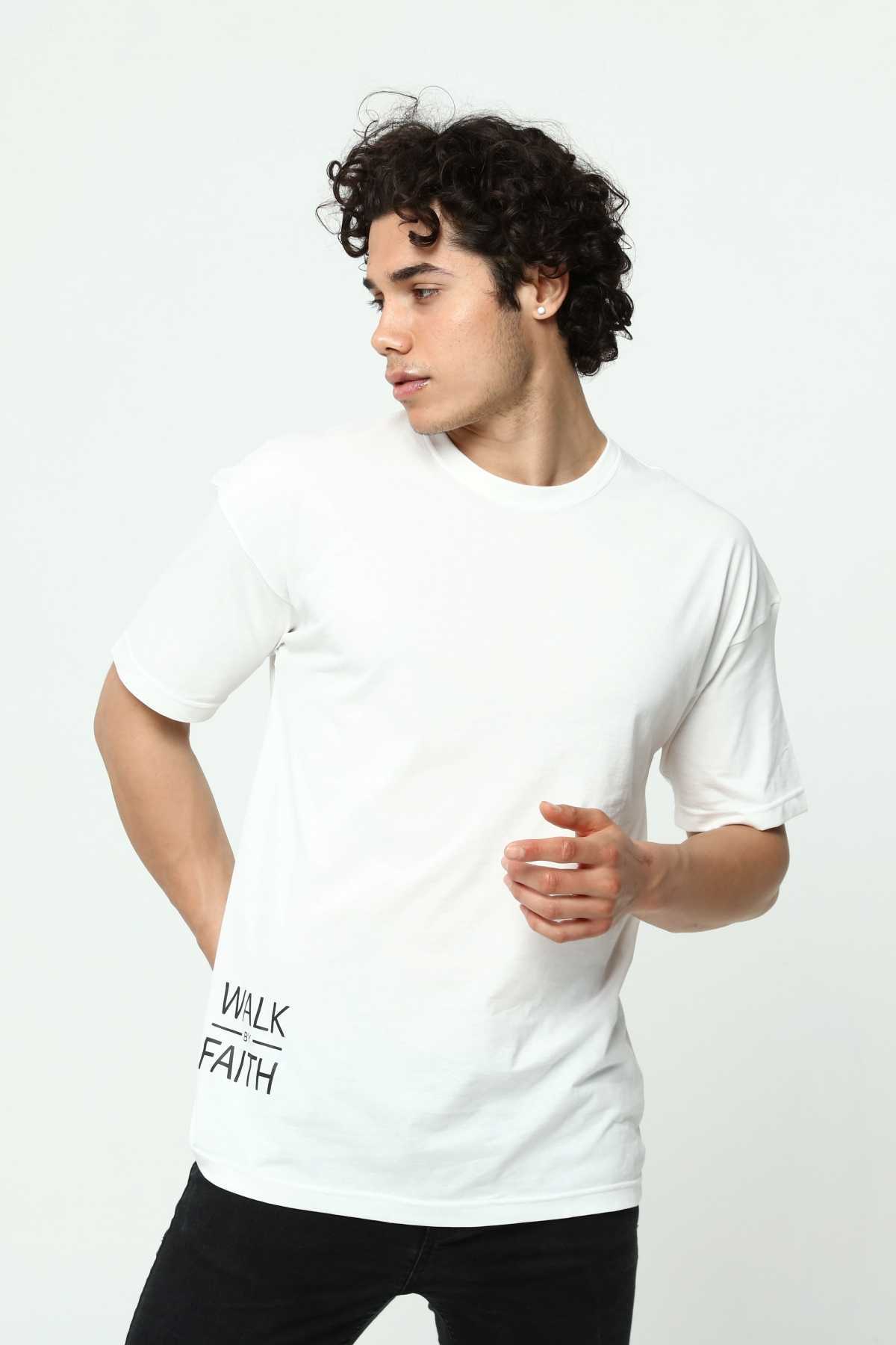 Walk By Faith Printed White Men's Oversize T-Shirt
