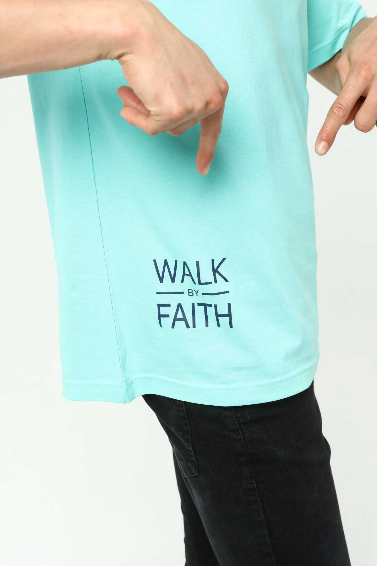 Walk By Faith Printed Aqua Green Men's Oversize T-Shirt
