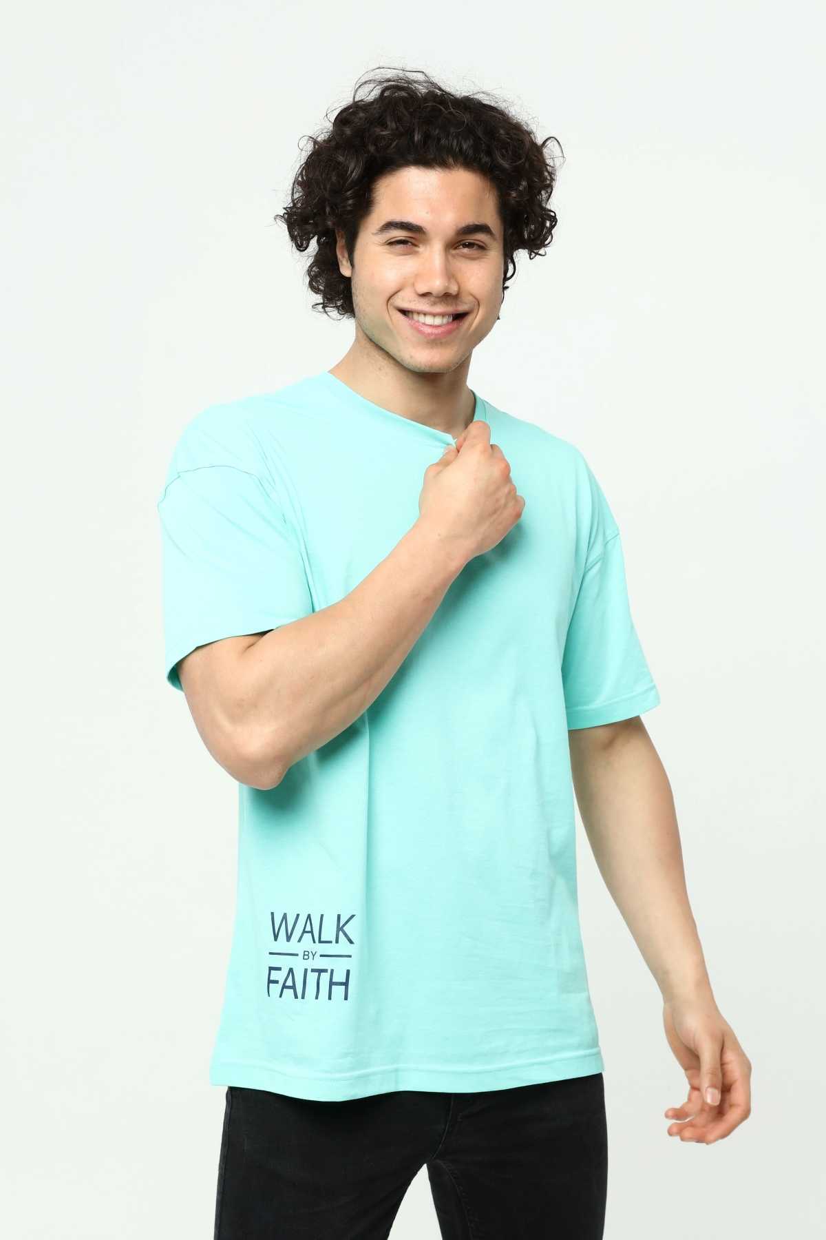 Walk By Faith Printed Aqua Green Men's Oversize T-Shirt