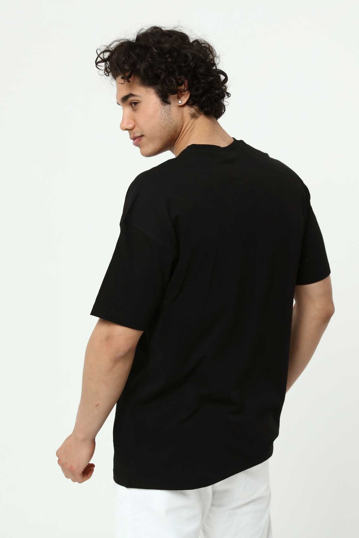 Siyah Erkek Basic Oversize Bisiklet Yaka Kısa Kollu T-Shirt