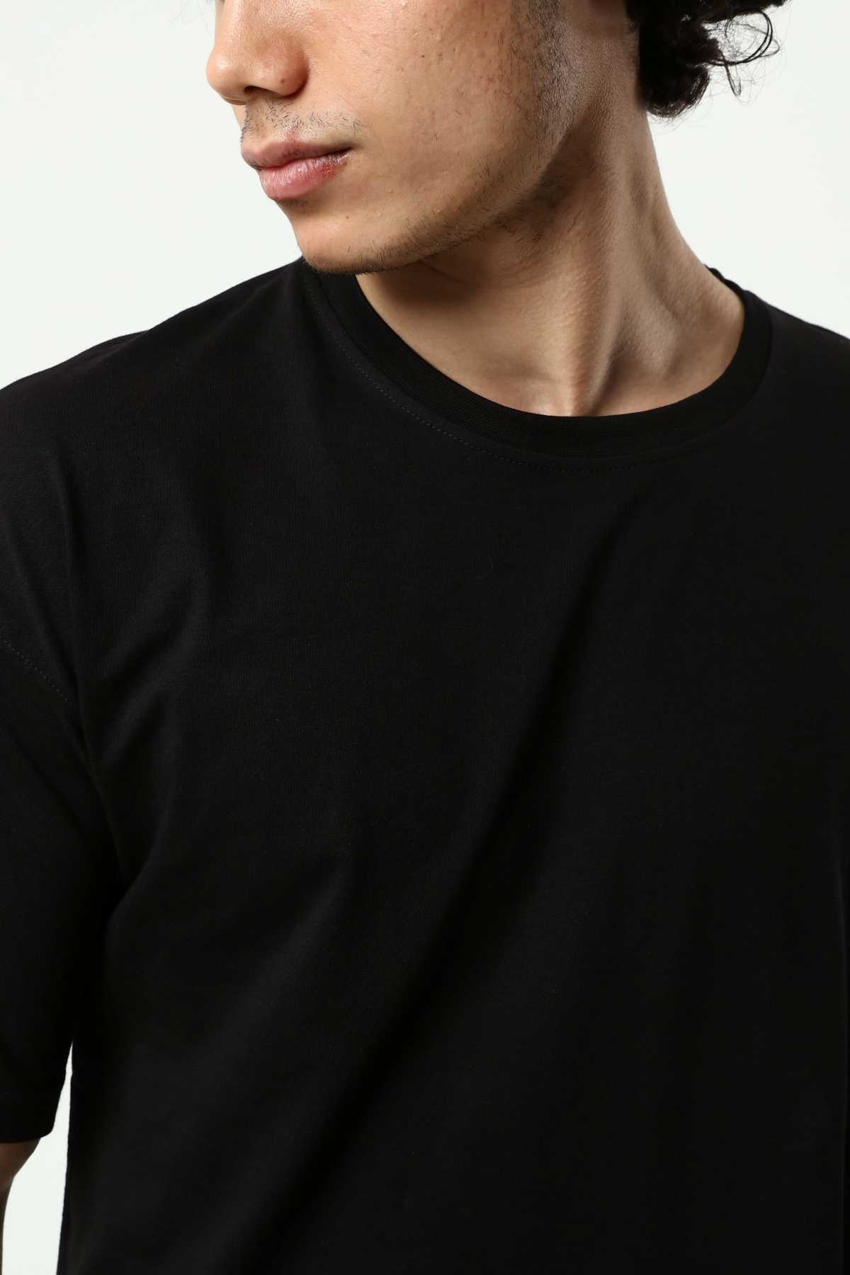 Siyah Erkek Basic Oversize Bisiklet Yaka Kısa Kollu T-Shirt