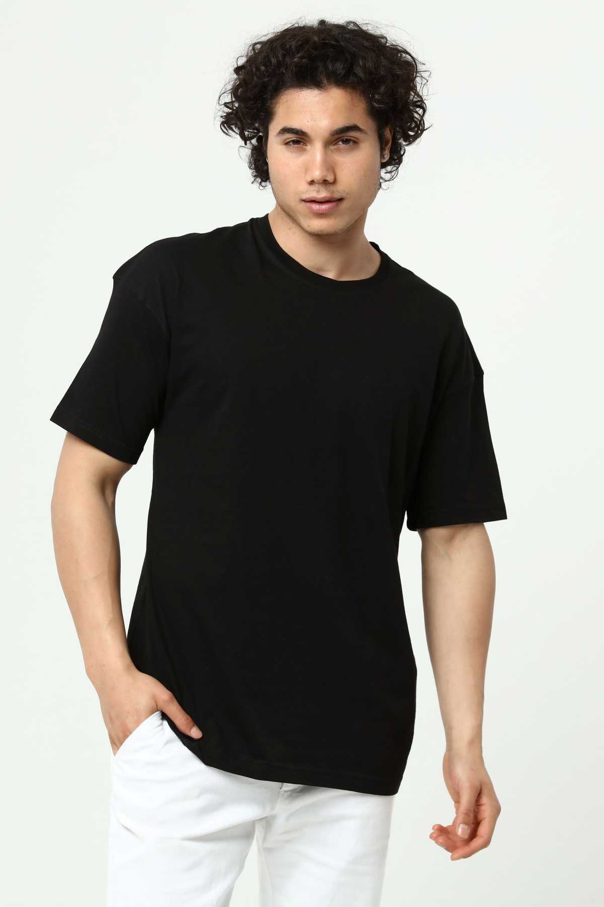 Siyah Erkek Basic Oversize Bisiklet Yaka Kısa Kollu T-Shirt