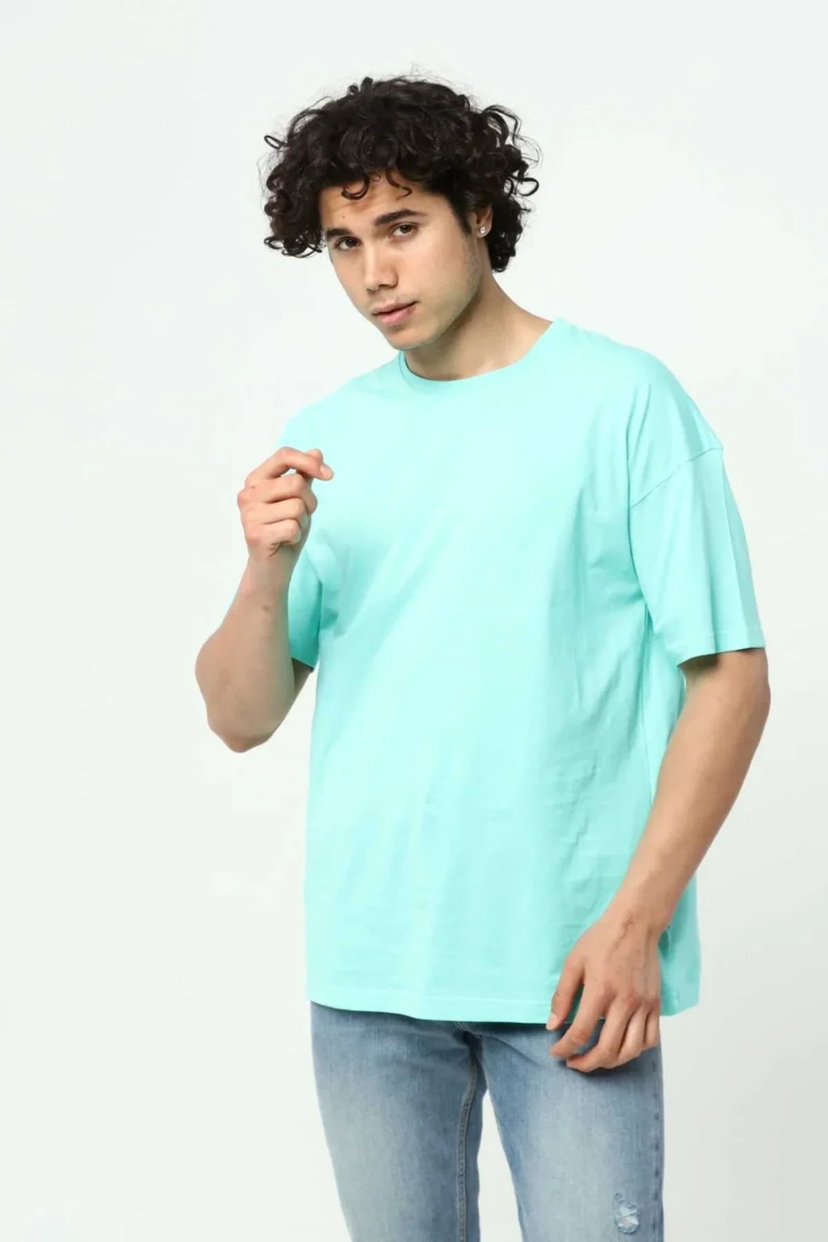 Su Yeşili Erkek Basic Oversize Bisiklet Yaka Kısa Kollu T-Shirt