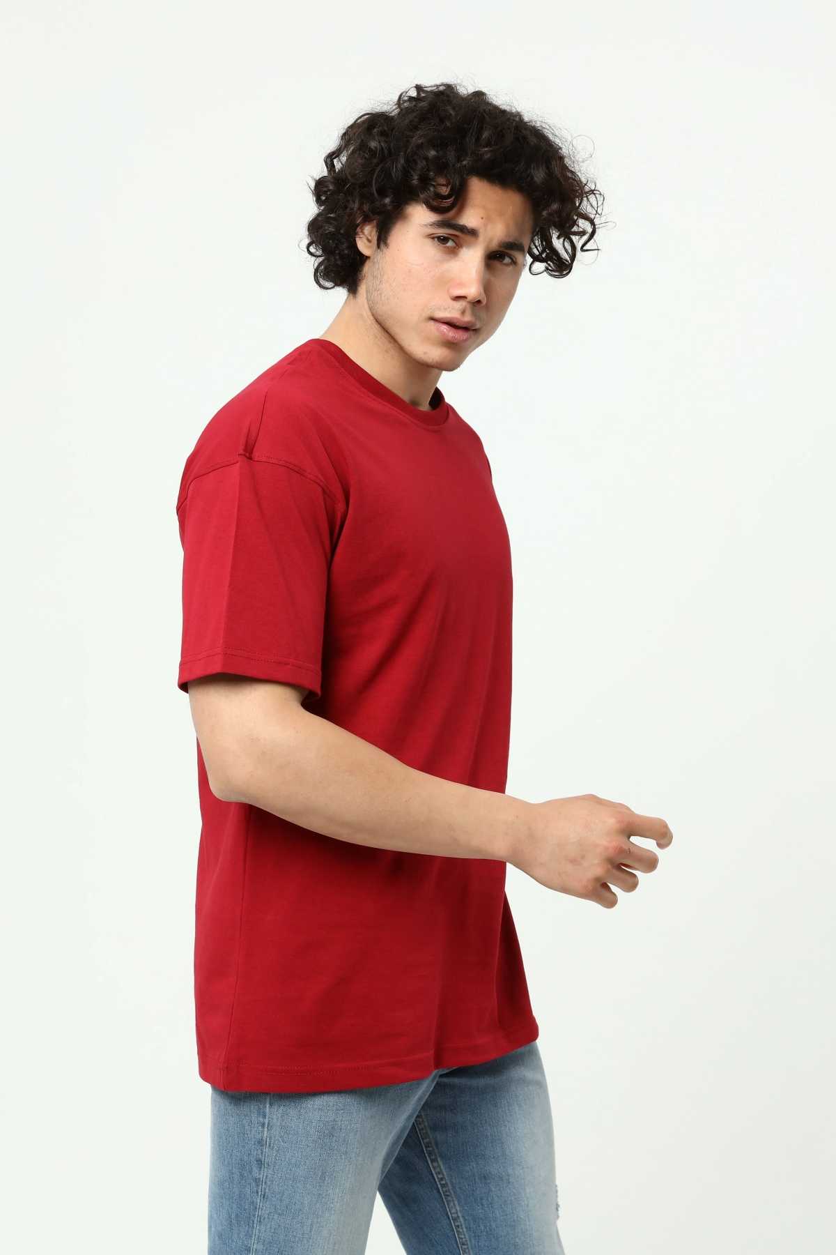 Bordo Erkek Basic Oversize Bisiklet Yaka Kısa Kollu T-Shirt