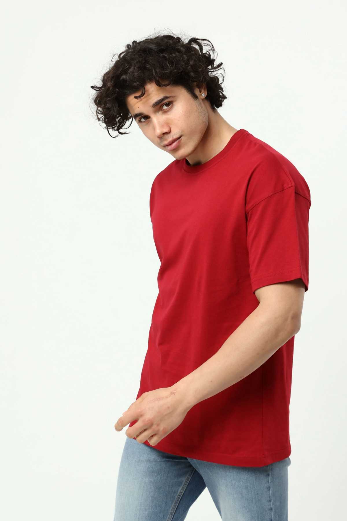Bordo Erkek Basic Oversize Bisiklet Yaka Kısa Kollu T-Shirt