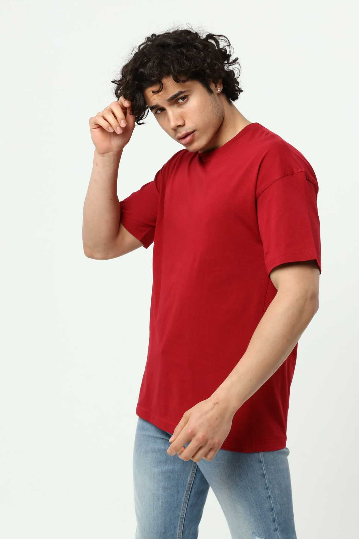 Bordo Erkek Basic Oversize Bisiklet Yaka Kısa Kollu T-Shirt