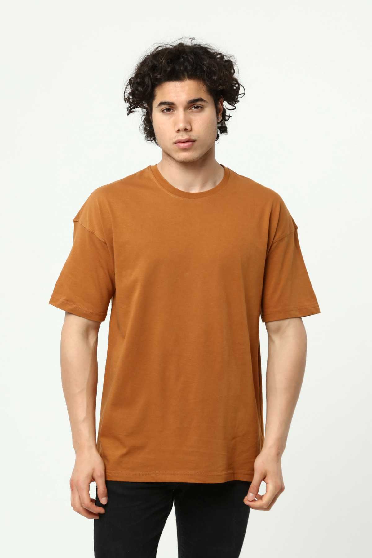 Kahve Erkek Basic Oversize Bisiklet Yaka Kısa Kollu T-Shirt