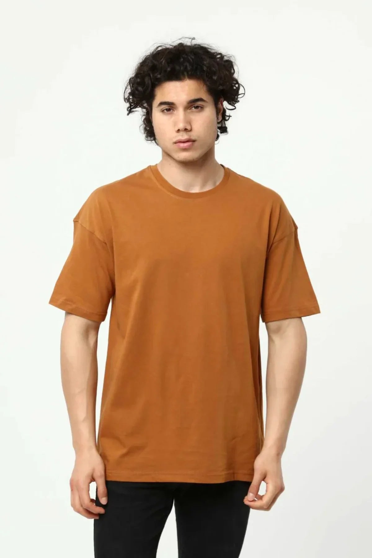 Kahve Erkek Basic Oversize Bisiklet Yaka Kısa Kollu T-Shirt