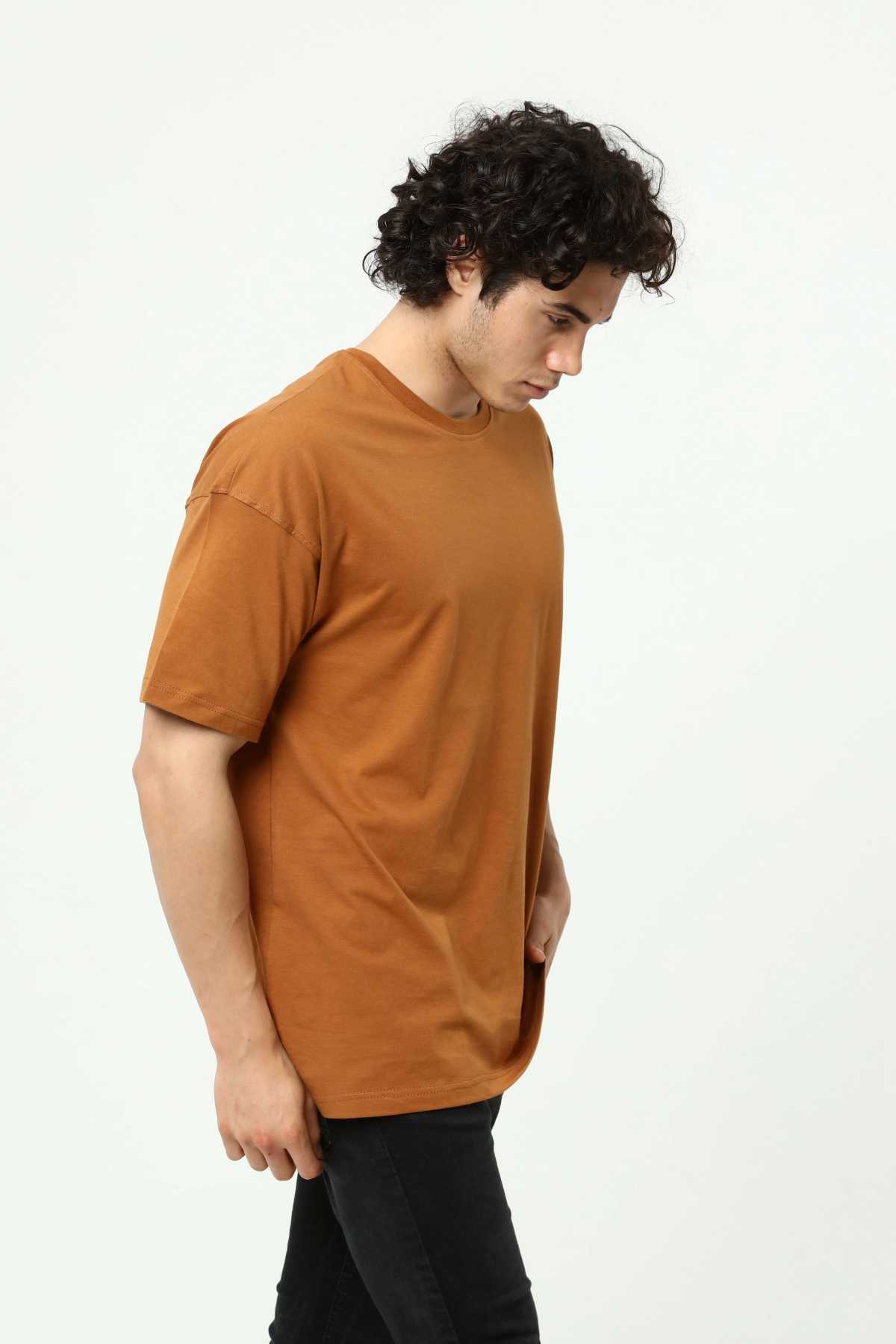 Kahve Erkek Basic Oversize Bisiklet Yaka Kısa Kollu T-Shirt