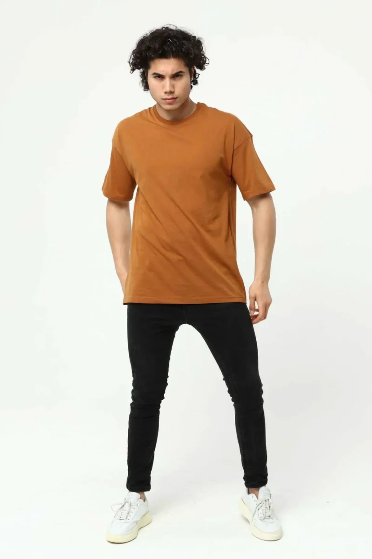 Kahve Erkek Basic Oversize Bisiklet Yaka Kısa Kollu T-Shirt