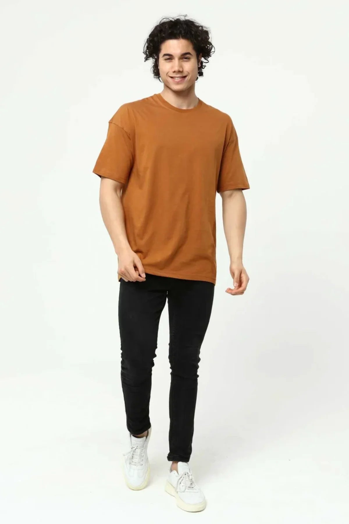Kahve Erkek Basic Oversize Bisiklet Yaka Kısa Kollu T-Shirt