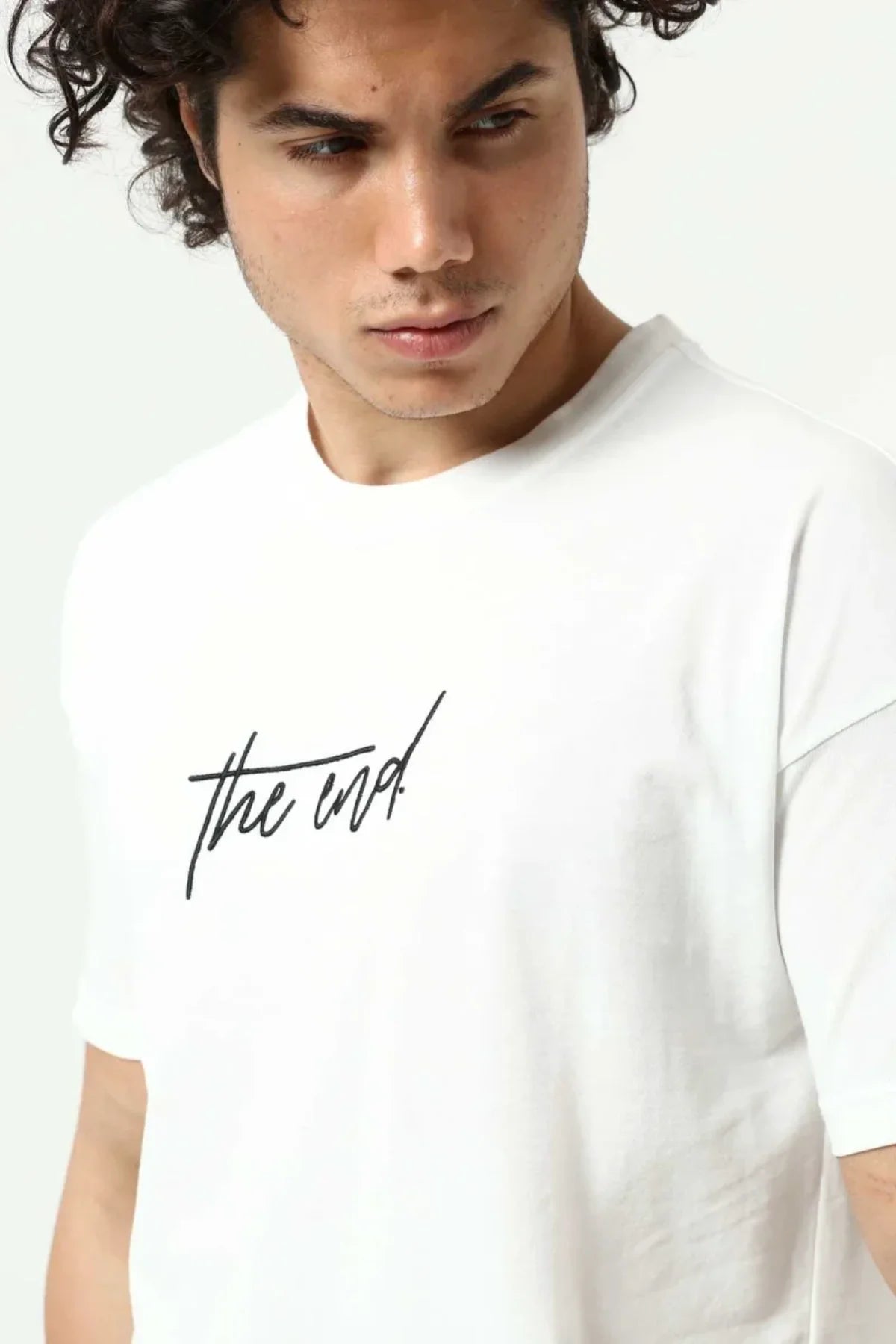 Beyaz The End Nakış 3 Boyut Baskılı Erkek Oversize T-Shirt