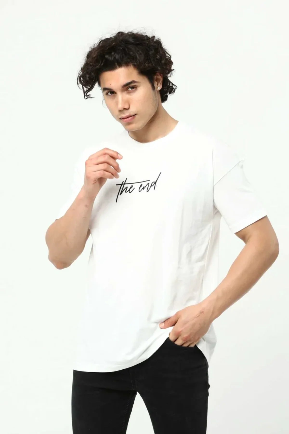 Beyaz The End Nakış 3 Boyut Baskılı Erkek Oversize T-Shirt