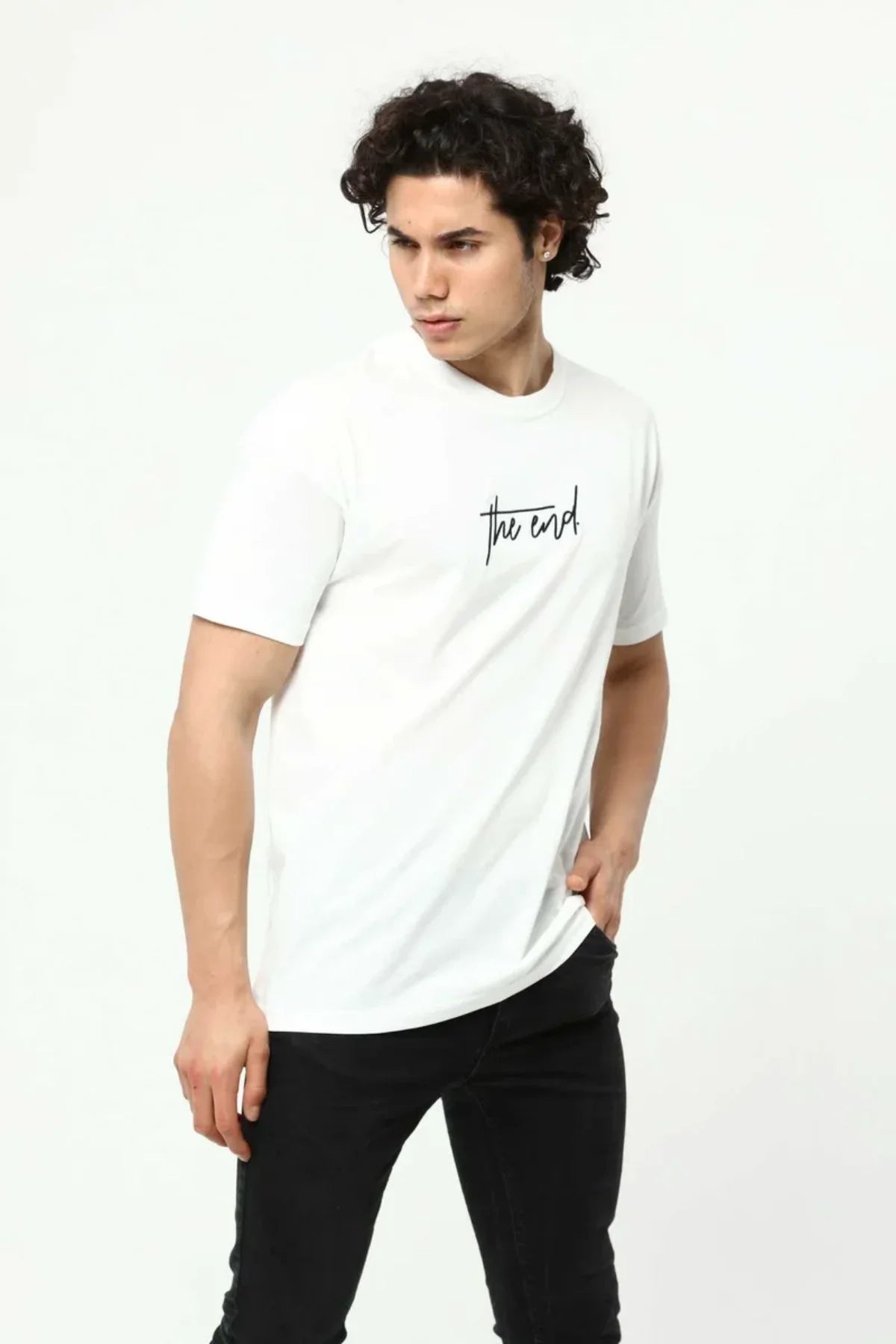 Beyaz The End Nakış 3 Boyut Baskılı Erkek Oversize T-Shirt