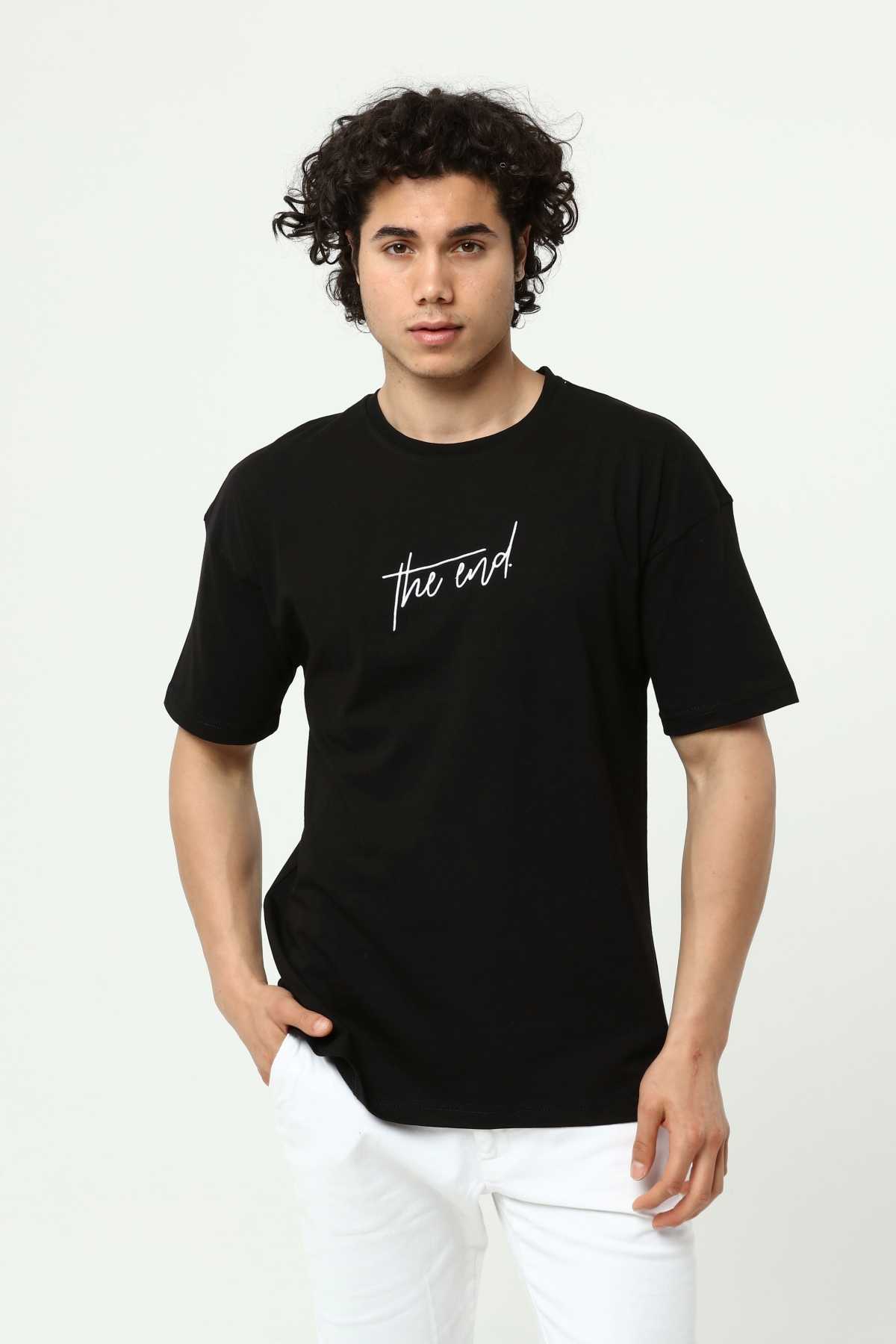Black The End Embroidered 3D Printed Men's Oversize T-Shirt