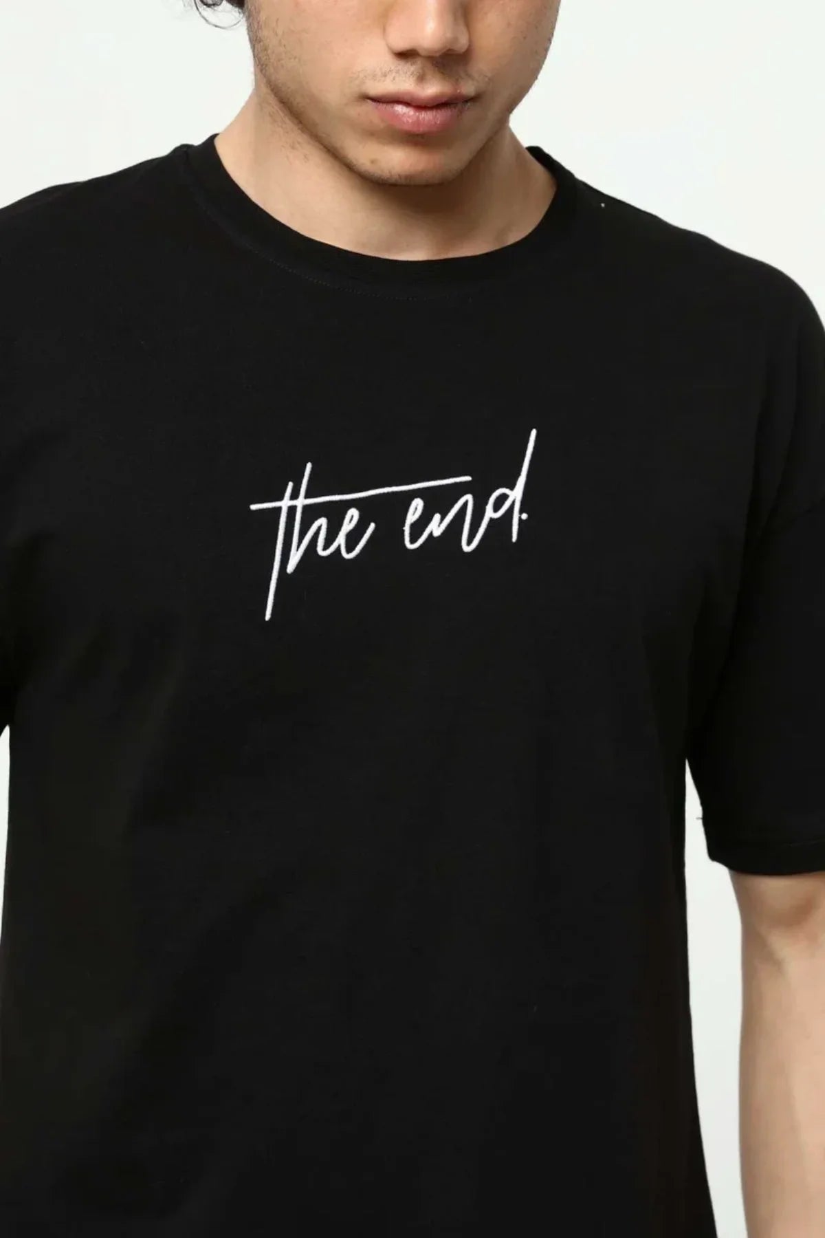 Siyah The End Nakış 3 Boyut Baskılı Erkek Oversize T-Shirt
