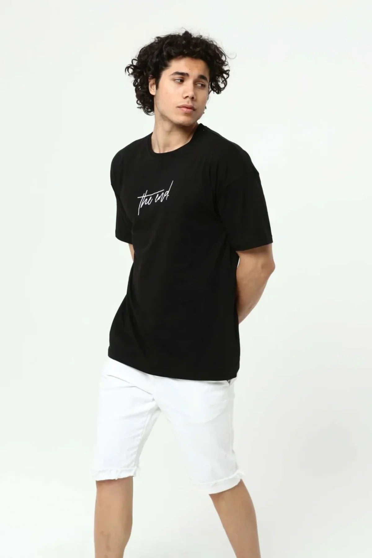 Siyah The End Nakış 3 Boyut Baskılı Erkek Oversize T-Shirt