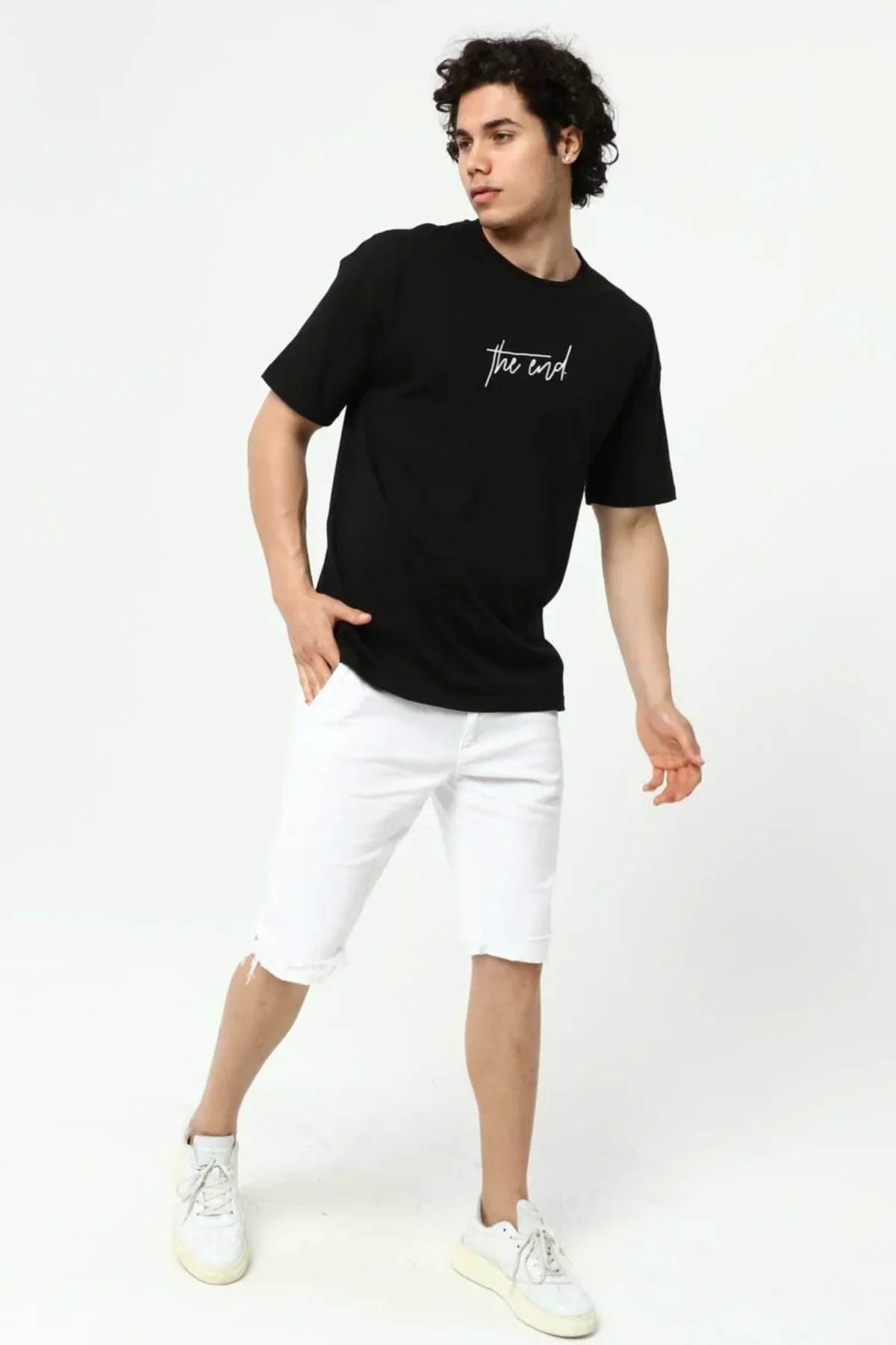 Siyah The End Nakış 3 Boyut Baskılı Erkek Oversize T-Shirt