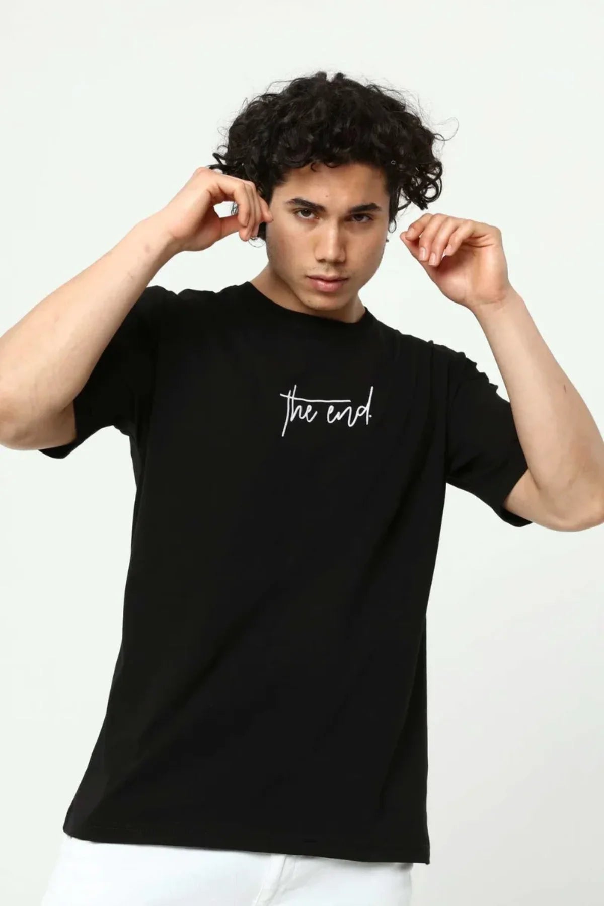 Siyah The End Nakış 3 Boyut Baskılı Erkek Oversize T-Shirt