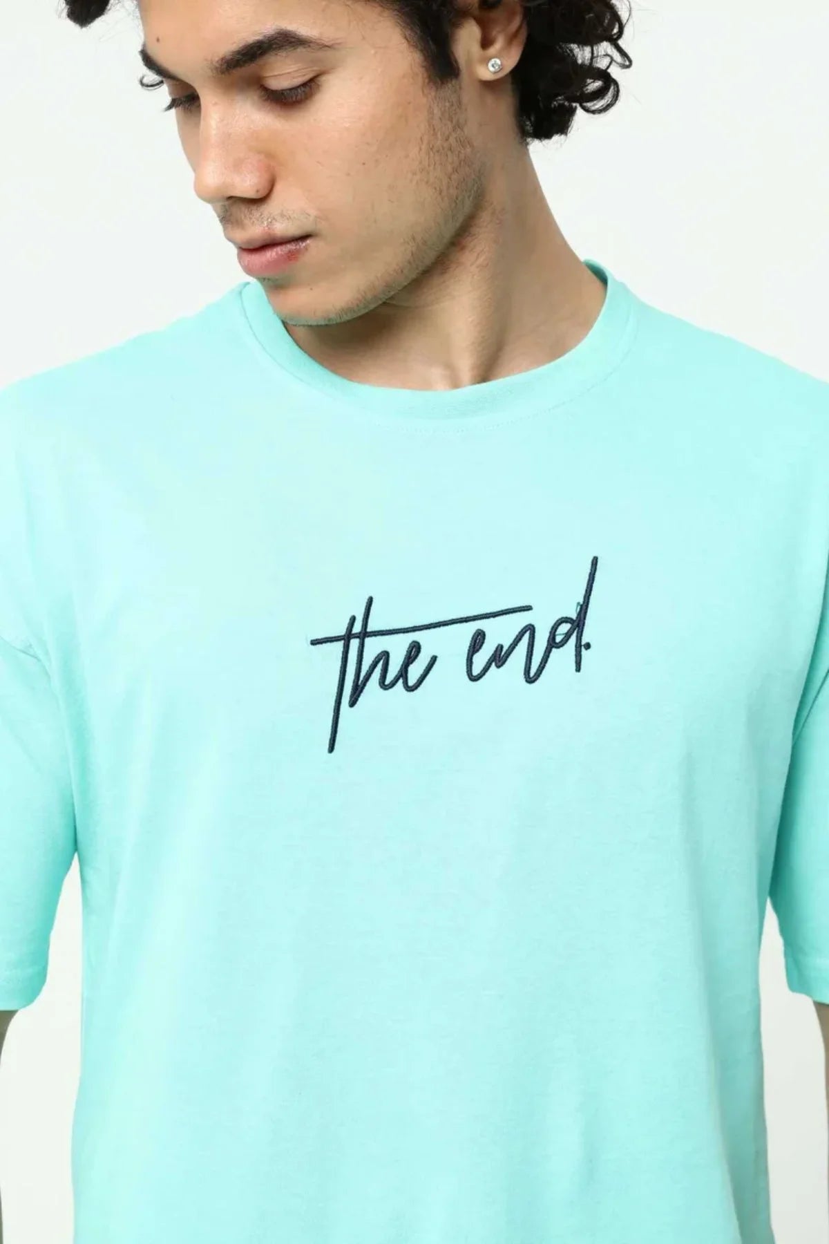 Su Yeşili The End Nakış 3 Boyut Baskılı Erkek Oversize T-Shirt