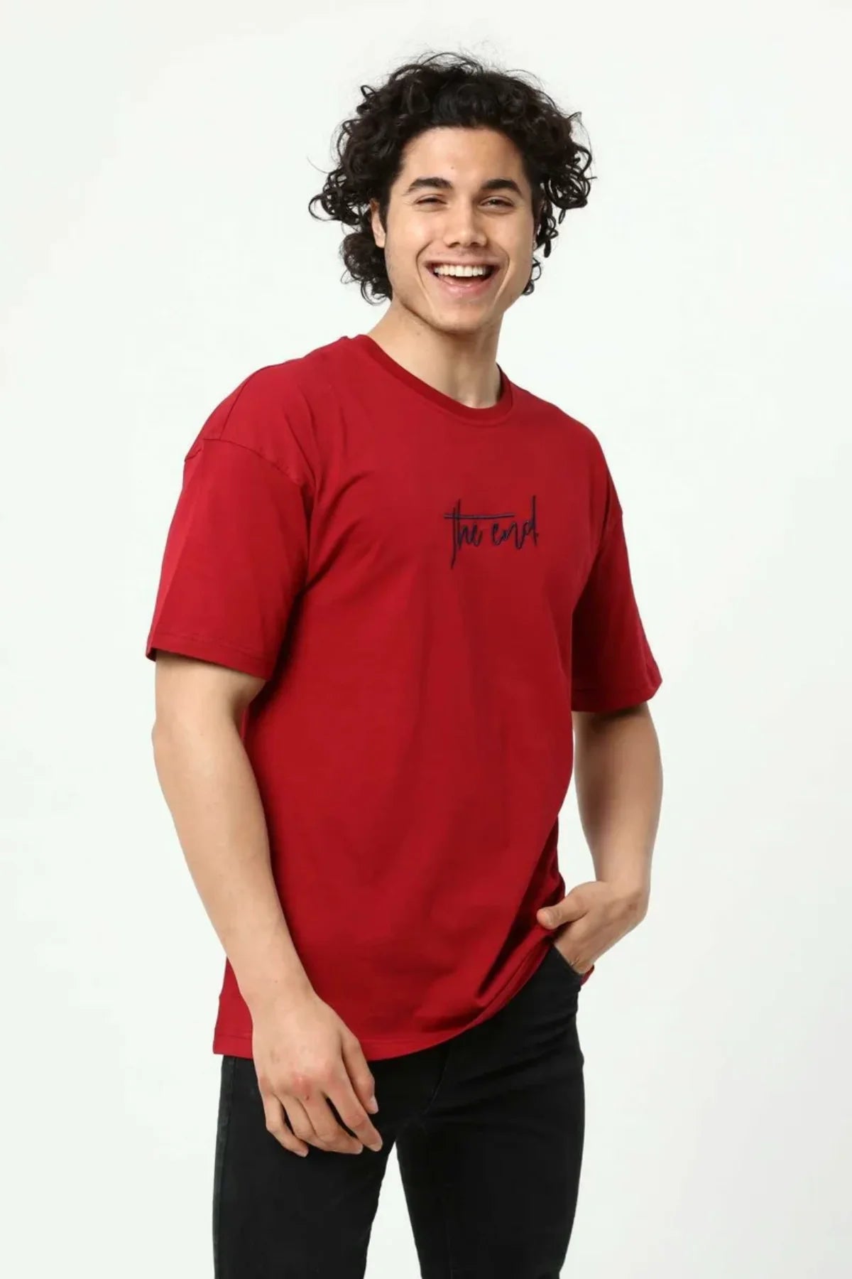 Bordo The End Nakış 3 Boyut Baskılı Erkek Oversize T-Shirt
