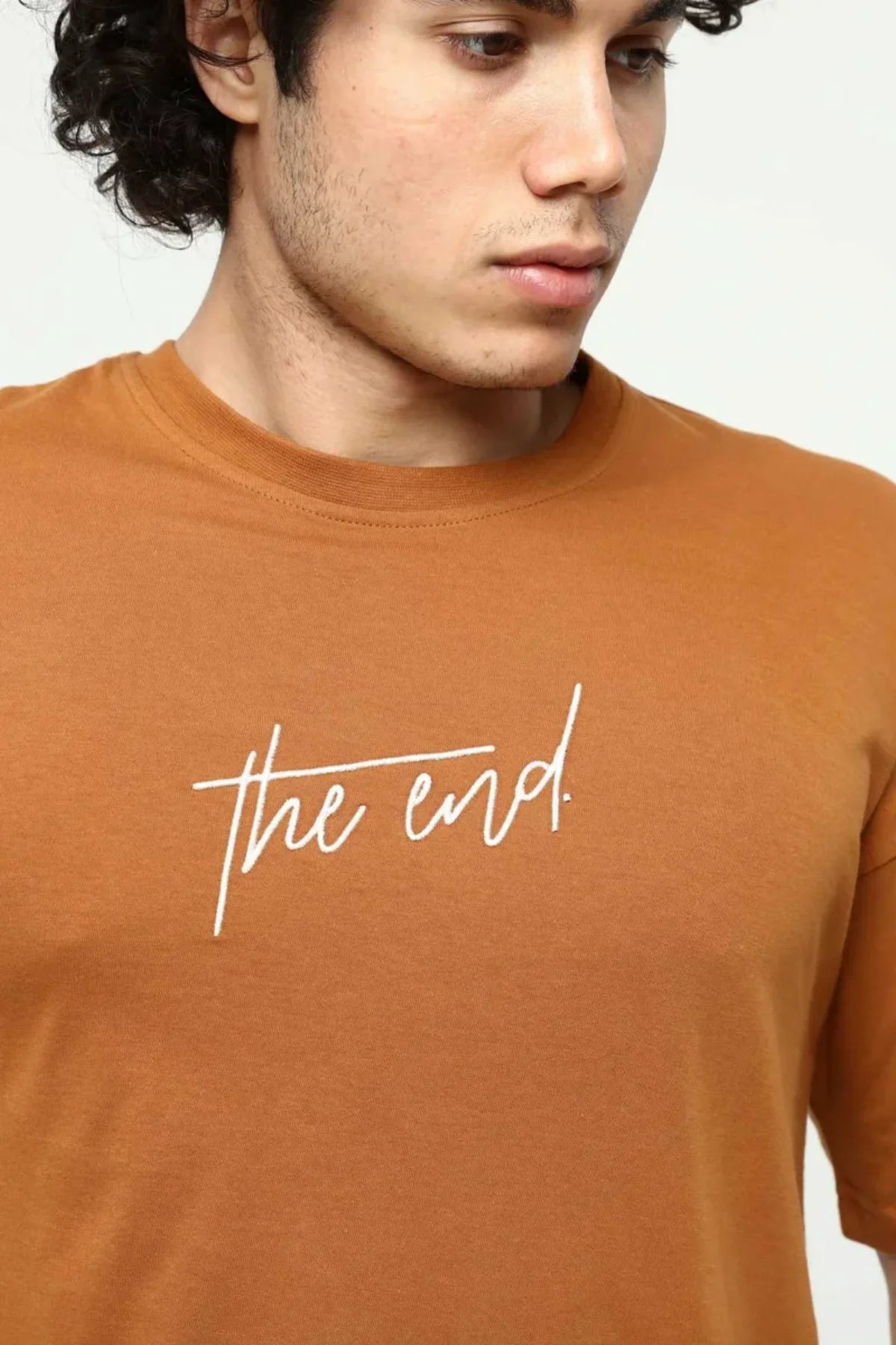 Kahve The End Nakış 3 Boyut Baskılı Erkek Oversize T-Shirt