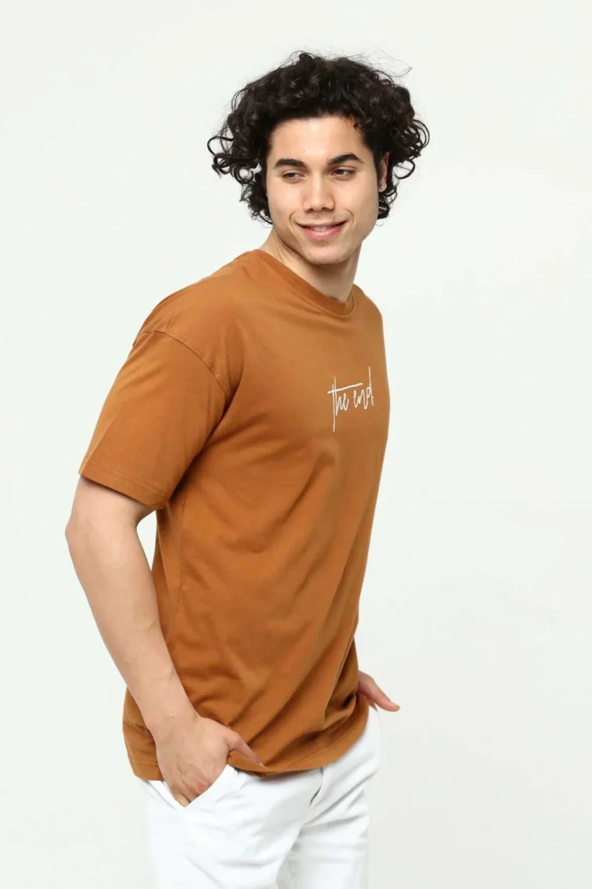 Kahve The End Nakış 3 Boyut Baskılı Erkek Oversize T-Shirt