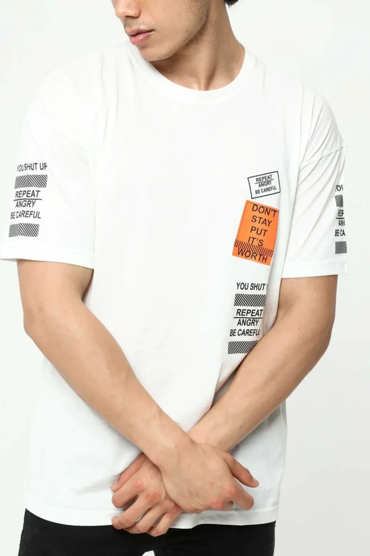 Beyaz Ön ve Kol Baskılı Erkek Oversize Kısa Kollu T-Shirt