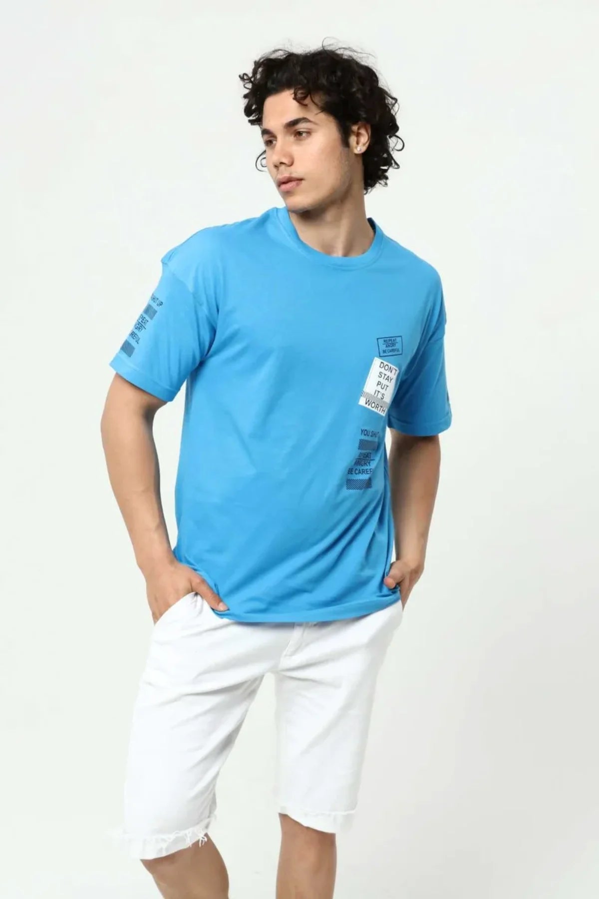 Mavi Ön ve Kol Baskılı Erkek Oversize Kısa Kollu T-Shirt