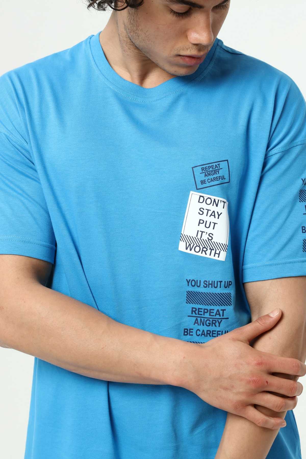 Mavi Ön ve Kol Baskılı Erkek Oversize Kısa Kollu T-Shirt