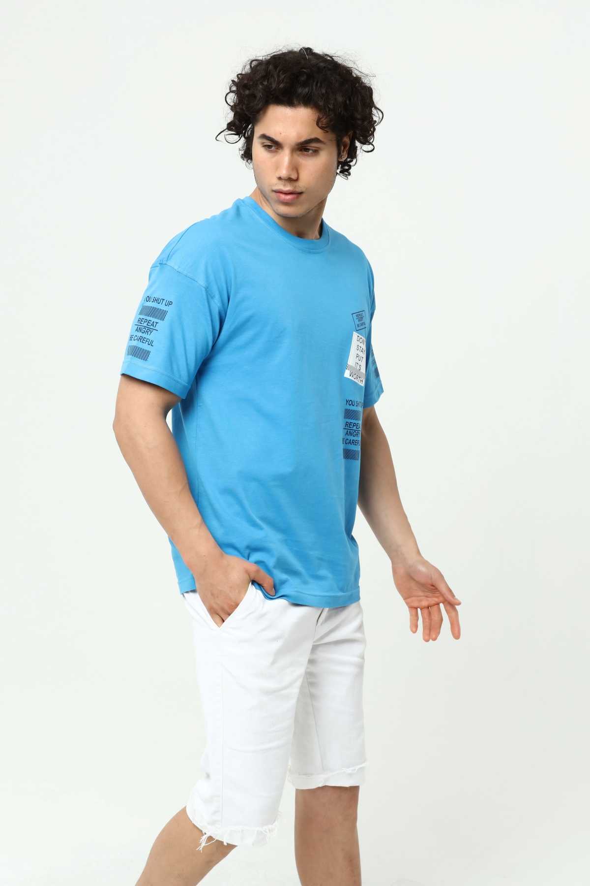 Mavi Ön ve Kol Baskılı Erkek Oversize Kısa Kollu T-Shirt