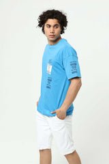 Mavi Ön ve Kol Baskılı Erkek Oversize Kısa Kollu T-Shirt