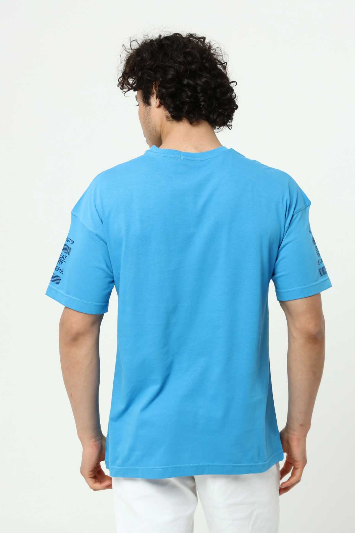 Mavi Ön ve Kol Baskılı Erkek Oversize Kısa Kollu T-Shirt