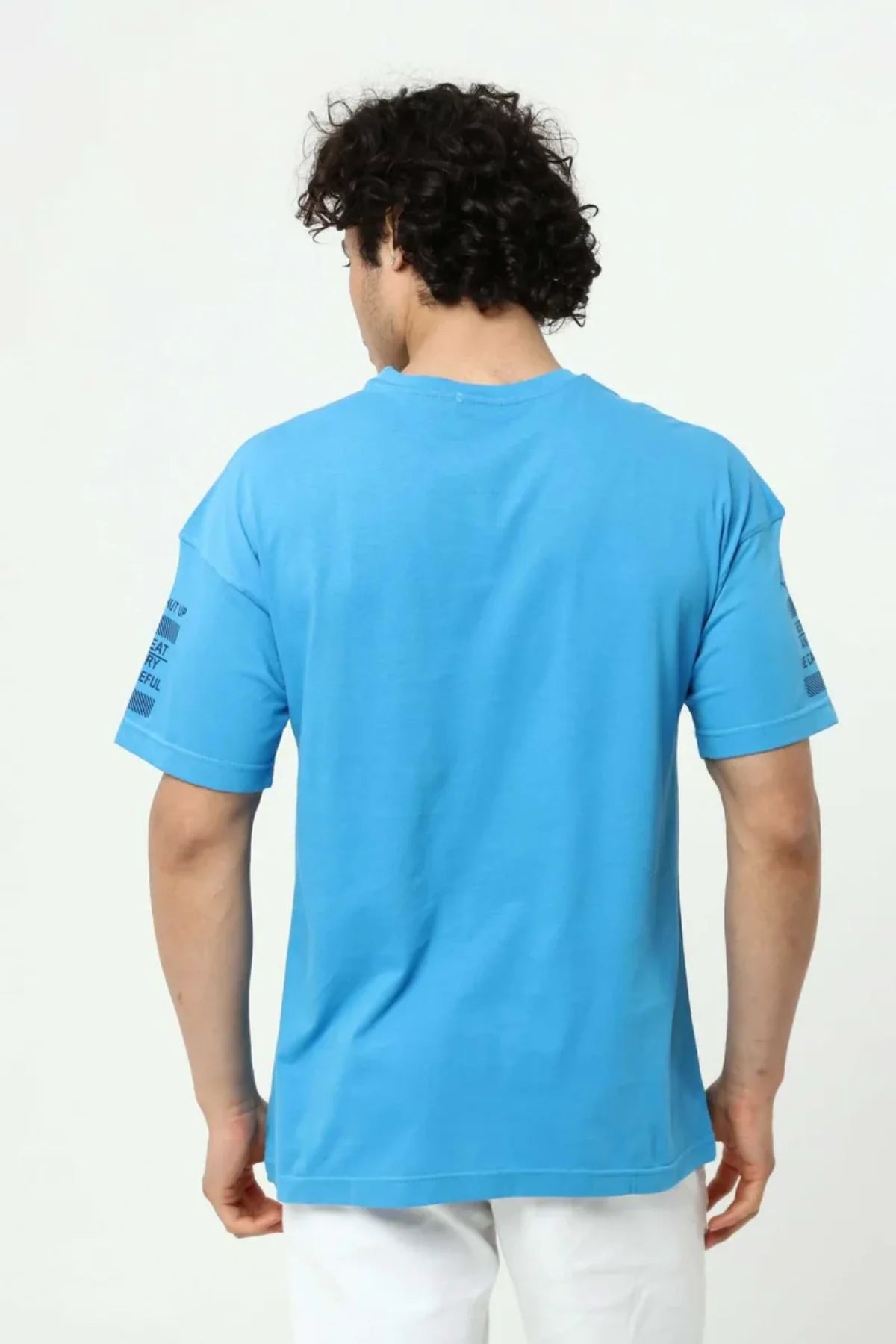 Mavi Ön ve Kol Baskılı Erkek Oversize Kısa Kollu T-Shirt