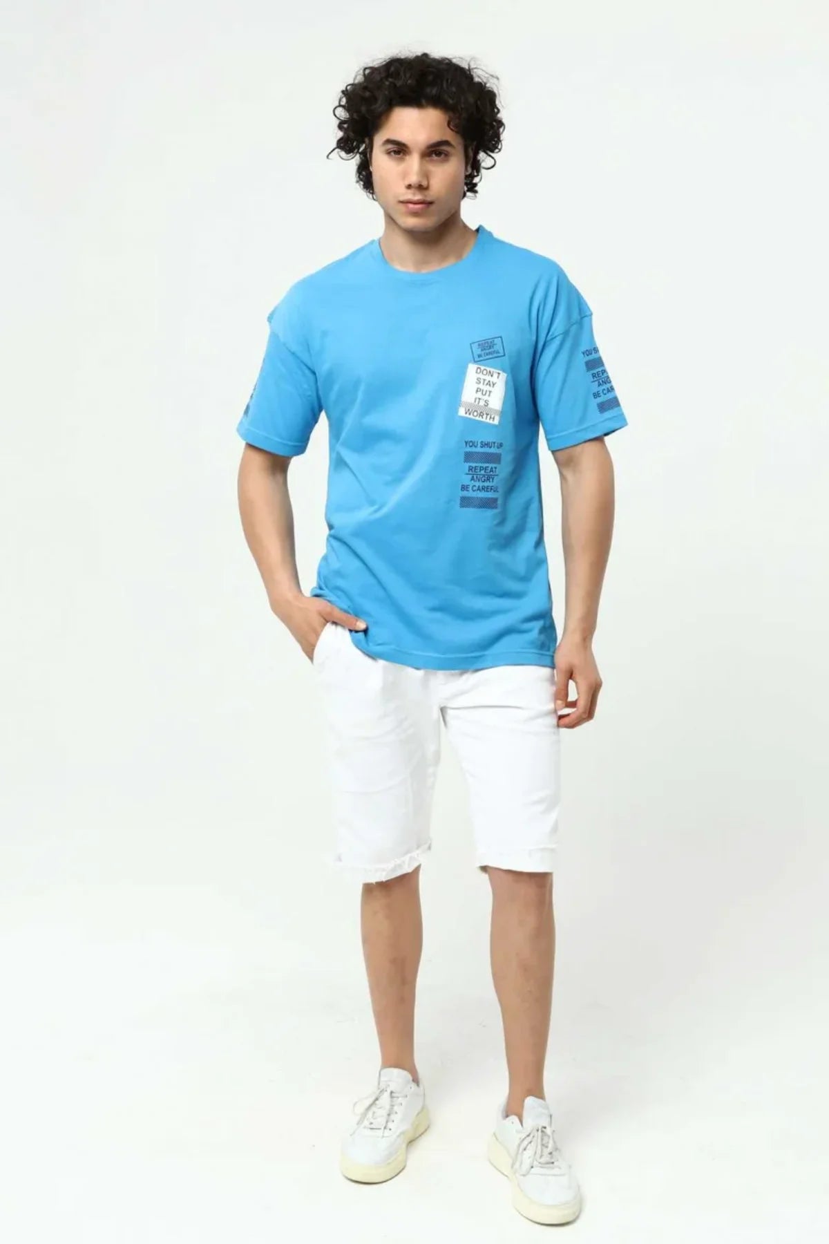 Mavi Ön ve Kol Baskılı Erkek Oversize Kısa Kollu T-Shirt