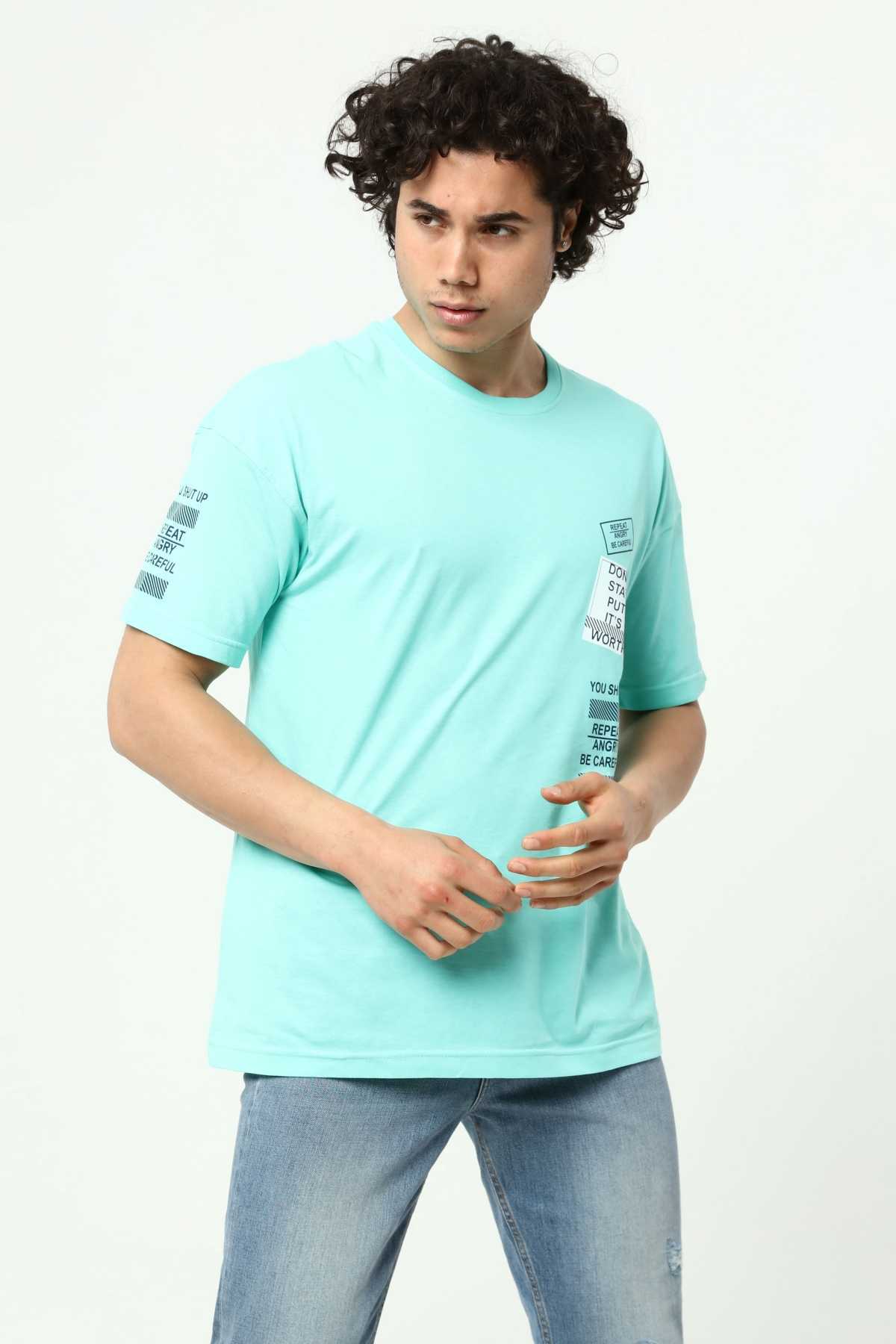 Su Yeşili Ön ve Kol Baskılı Erkek Oversize Kısa Kollu T-Shirt