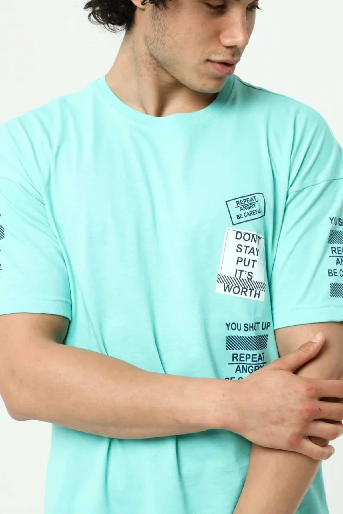 Su Yeşili Ön ve Kol Baskılı Erkek Oversize Kısa Kollu T-Shirt