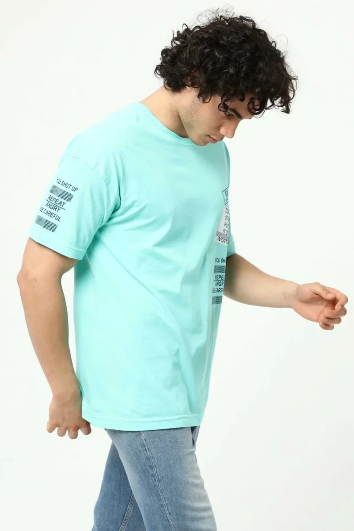 Su Yeşili Ön ve Kol Baskılı Erkek Oversize Kısa Kollu T-Shirt
